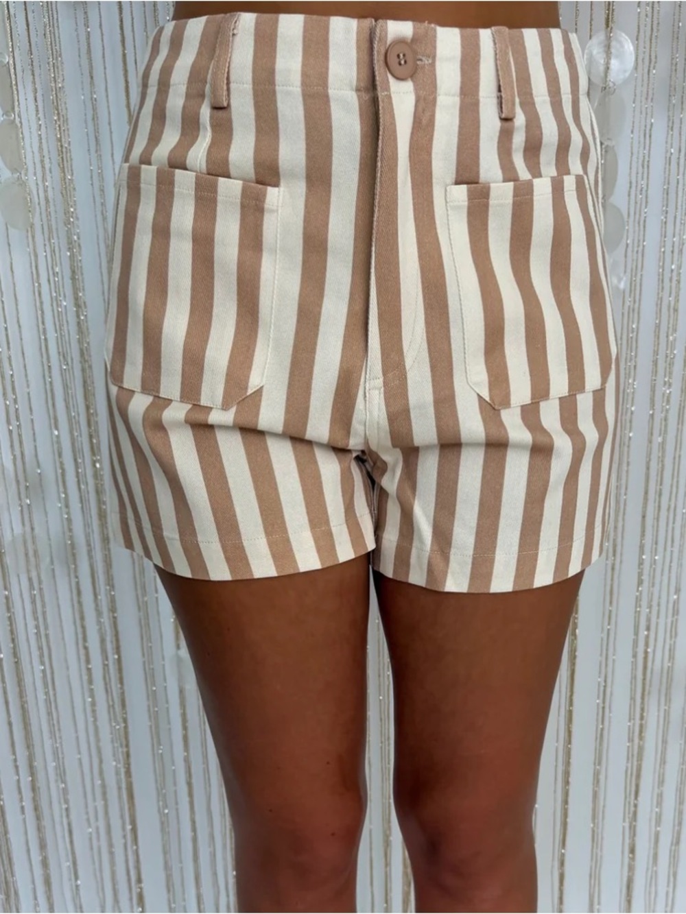 High-Waist Striped Linen-Blend Shorts in Beige and White